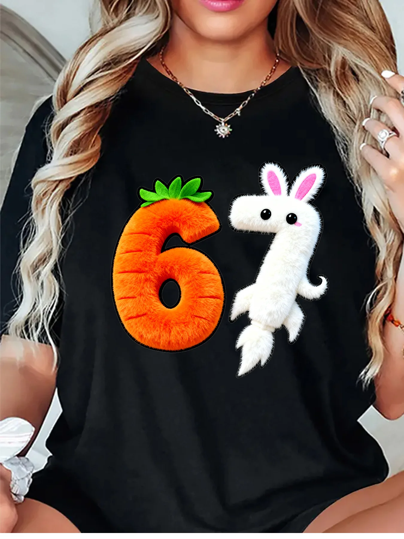 Cute Fluffy Furry Number 67 Carrot And Bunny Rocket Art Print Graphic Ladies T Shirt Short Sleeve Crew Neck Casual Tee Tops
