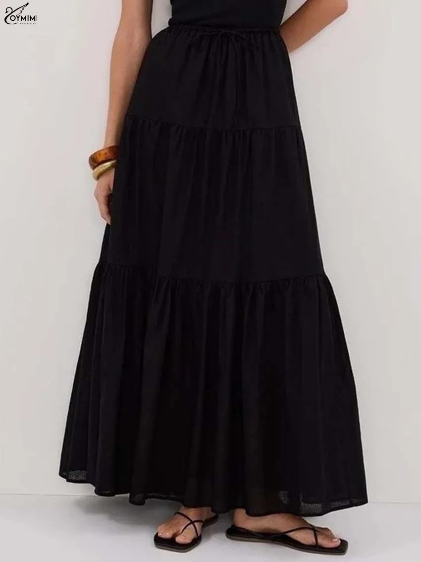 

Oymimi Casual Black Cotton Skirts For Women Fashion High Waisted Drawstring Skirts Autumn Elegant Pleated Ankle-Length Skirt