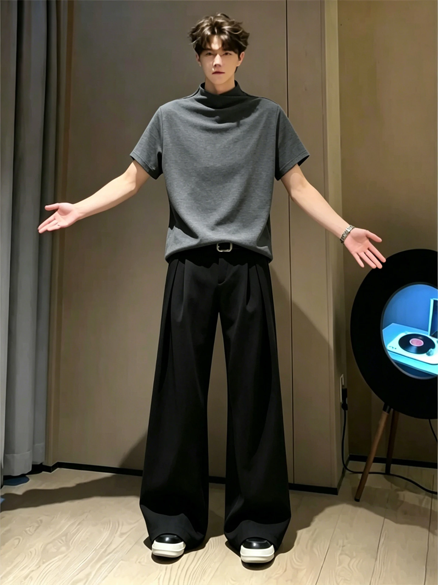 Gray Men's Wide Leg Casual Pants Double Pleat Micro Flared Drapey Elegant Fashionable Summer Leisure Straight Cut Trousers