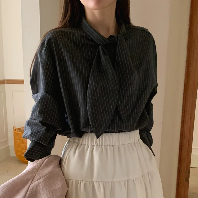 Vintage Floating Led Striped Shirt Women Simple Basic Dark Gray White Sweet Long Sleeve Loose Korean Chic Female Shirt Top