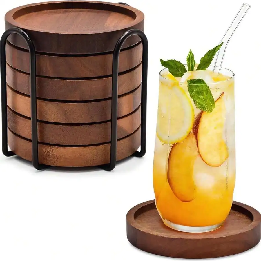 Acacia Wood Coaster Set With Holder, Absorbent Drink Coasters For Coffee Table Dining Table Desk