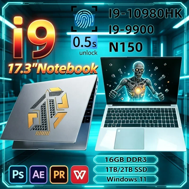 Hot 17.3 Inch Laptop,2026 Intel I9‑10980HK/I9‑9900/N150 16GB 32GB 2TB SSD Win11 Ultra‑Slim Gaming Office Computer