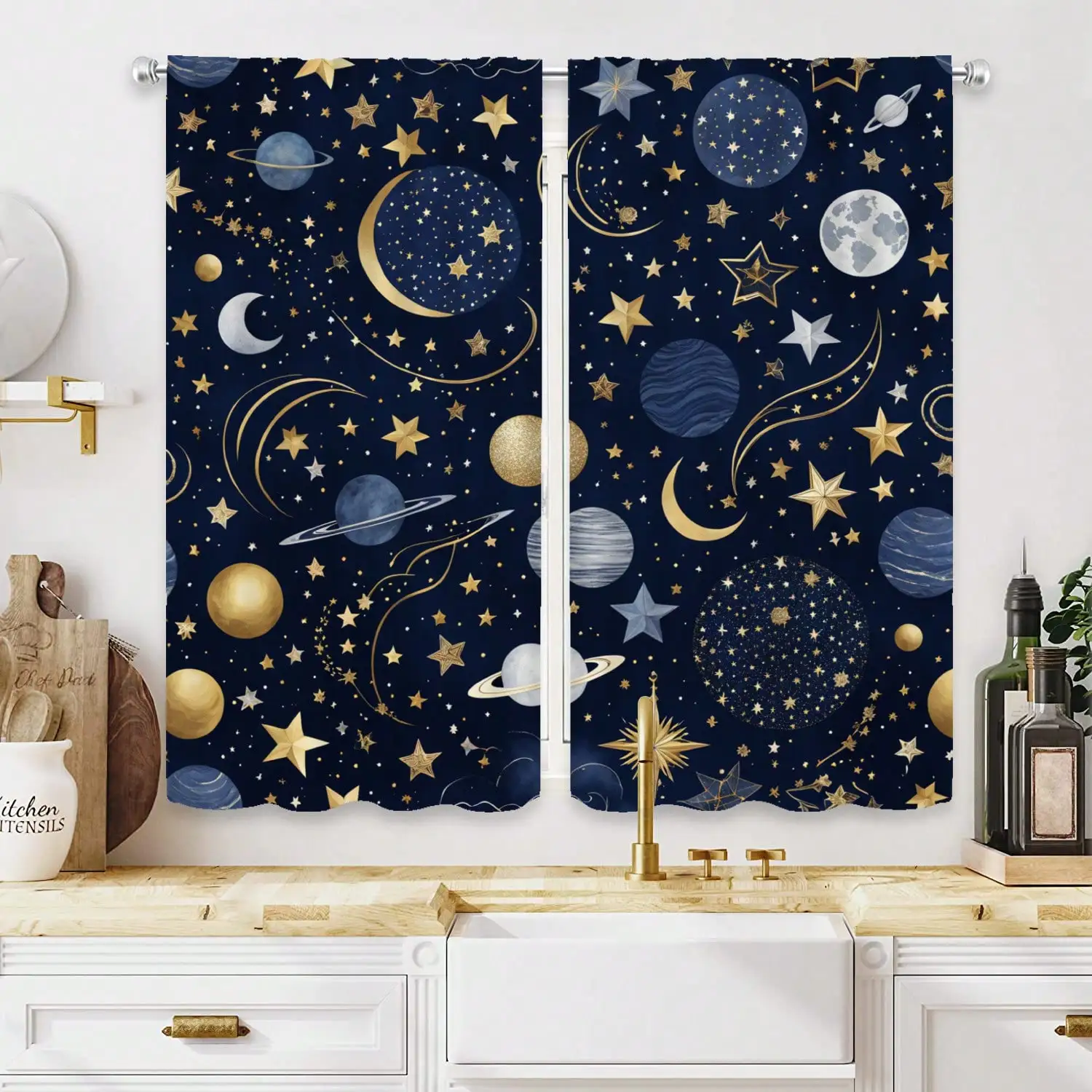 2pcs Celestial Charm Blackout Curtains - Soft With Golden Stars, Planets Design, Easy-To-Hang Rod Pocket Style For Living Room