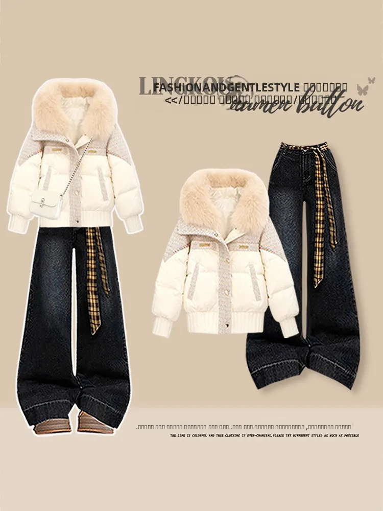 

Зимний комплект для женщин: мягкая винтажная хлопковая куртка с меховым воротником и облегающие джинсы с высокой талией, длинные брюки.