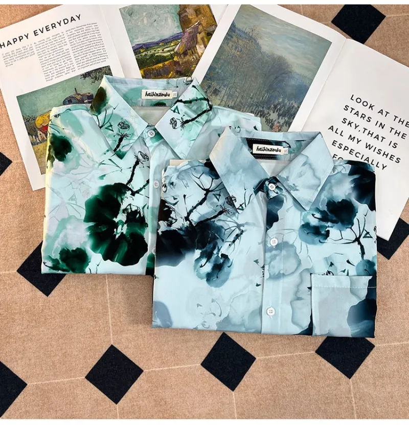 

Свободная рубашка унисекс с длинным рукавом, японский винтажный топ для пары с рисунком маслом и цветочным принтом