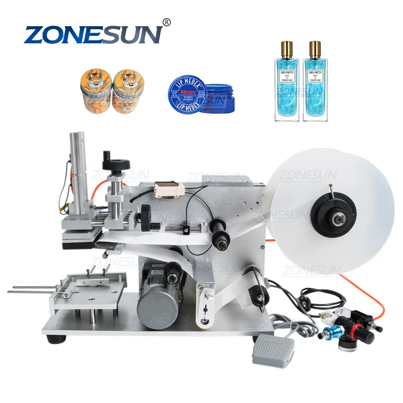 ZONESUN ZS-TB60 Semi-automatic Pneumatic Flat Labeling Machine Top Side Bottle Cap Self Adhesive Sticker Label Applicator