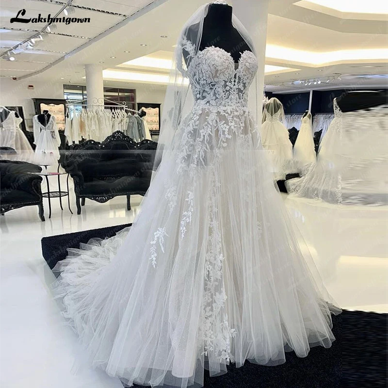 Lakshmigown Illusion Bodice Bohemian Wedding Dresses Sweetheart Neckline Lace Appiques tulle Beach A-Line Princess Bridal Gowns