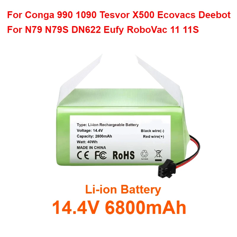 For Conga 990 1090 Tesvor X500 Ecovacs Deebot N79 N79S DN622 Eufy RoboVac 11 11S RoboVac 30 14.4V 6800mAh Li-ion Battery