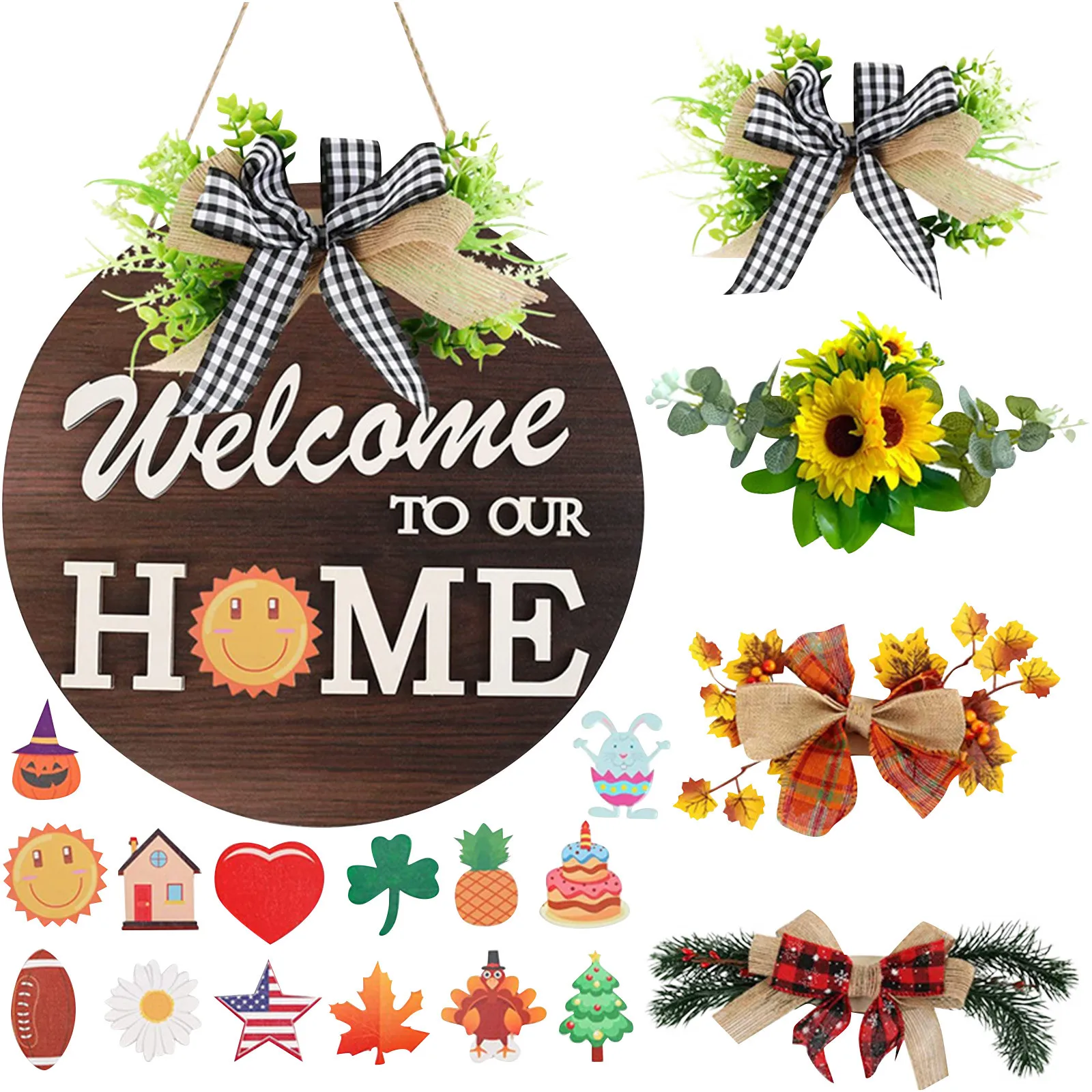 

2024 New Interchangeable Wooden Door Hanger Ornaments Seasonal Home Sign Welcome Decor Home Decoration