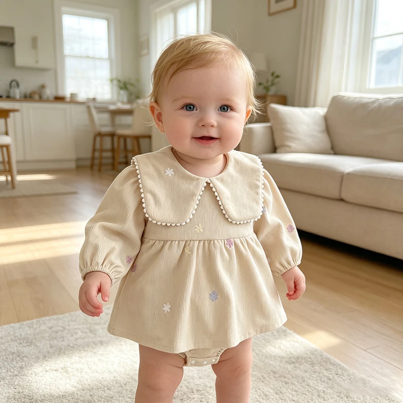 2026 Baby-Mädchen-Stramplerkleid Frühling Herbst Langarm Bunte Blumenstickerei Gestreifter Säuglings-Body Neugeborenes Mädchen 0-24M – Detail 14