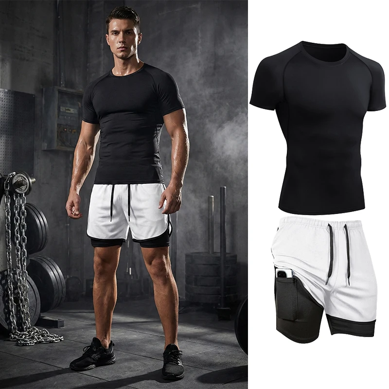 Men's 2 Piece Set Gym Athletic Workout Running Sportswear Short Sleeve Compression Shirt T-shirt 2 in 1 Shorts with Phone Pocket