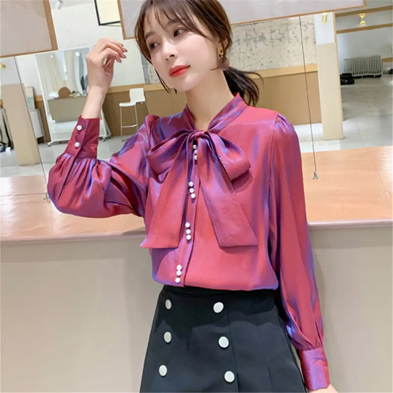 Elegant Fashion Satin Beading Bow Shirt Women\'s Clothing 2022 Spring New Office Lady Loose V-Neck Lantern Sleeve Commuter Blouse