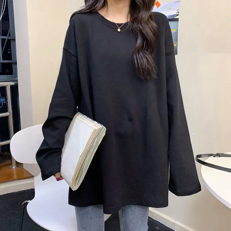 Spring Long Sleeved Round Neck Solid Color T-shirt Women Hong Kong Flavor Loose White Simplicity Plain Version All-match Tops