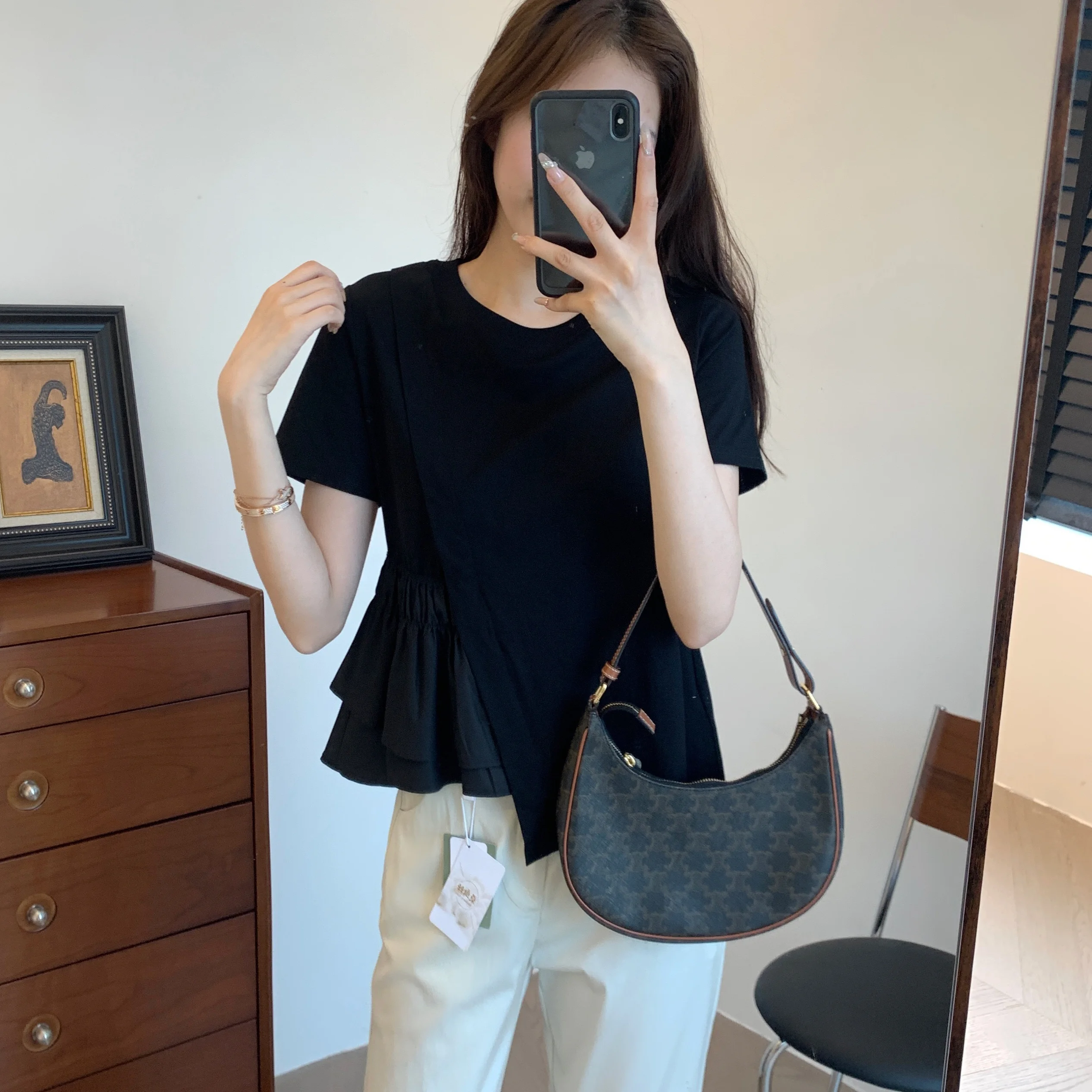 

TheWow Design Smooth Body Asymmetrical Hem Pleated Short Sleeve Summer Shirt Cotton Sweet Style Loose Fit round Neck