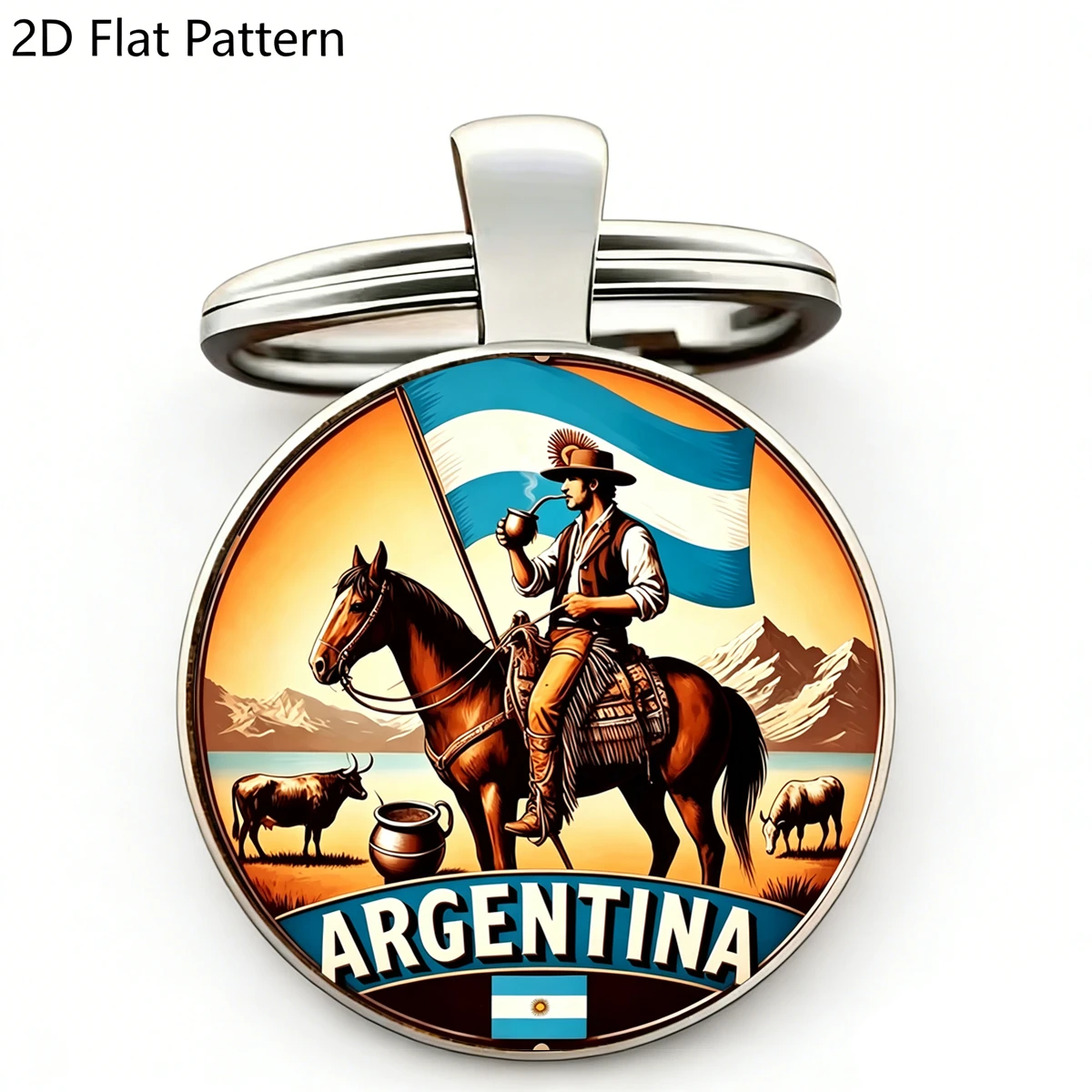 1 unidad Llavero redondo de cristal cabujón con diseño 2D de paisaje, vaquero, vaca y caballo, estilo gaucho argentino, recuerdo de viaje campestre, regalo