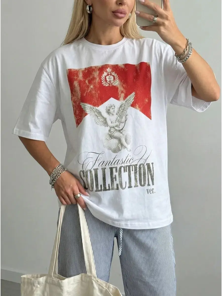American Retro Angel Graphic T Shirts Short Sleeve Korean Harajuku Casual Oversized Women Clothing T Shirt Women Y2k Aesthetic