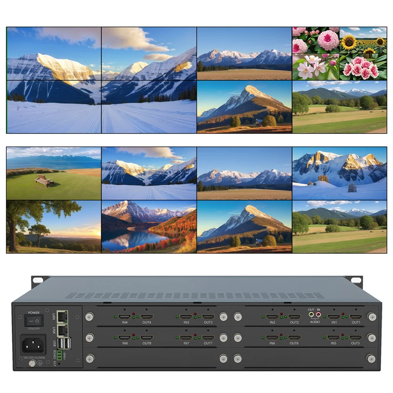 

8x8 4K matrix switching with network graphical interface, 2x4 splicing, windowing, overlaying, translation, zooming, stretching