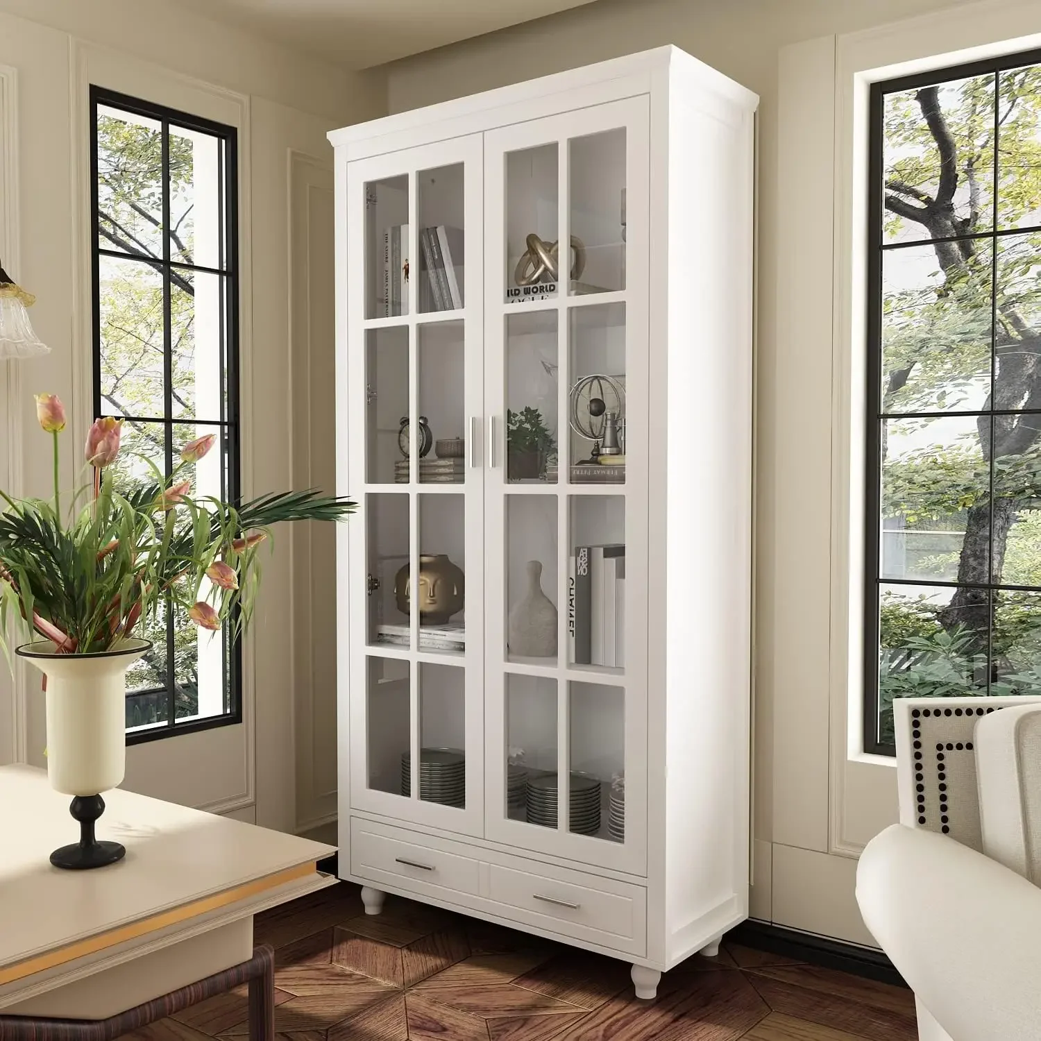 Tall Bookshelf White Bookcase with Glass Doors, Wooden Display Cabinet, Pantry Cabinet for Home Office, Living Room, White