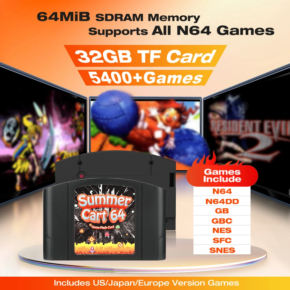 Retro SummerCart64 Game Card 5400+ in 1 Game Cartridge for Nintendo 64 N64 Video Game Console Region Free With 32GB card