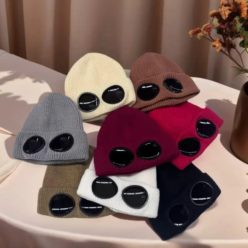 Autumn Winter Warm Windproof Ski Hat with Goggles Thick Knit Cap for Skiing Camping Outdoor Activities Men Women