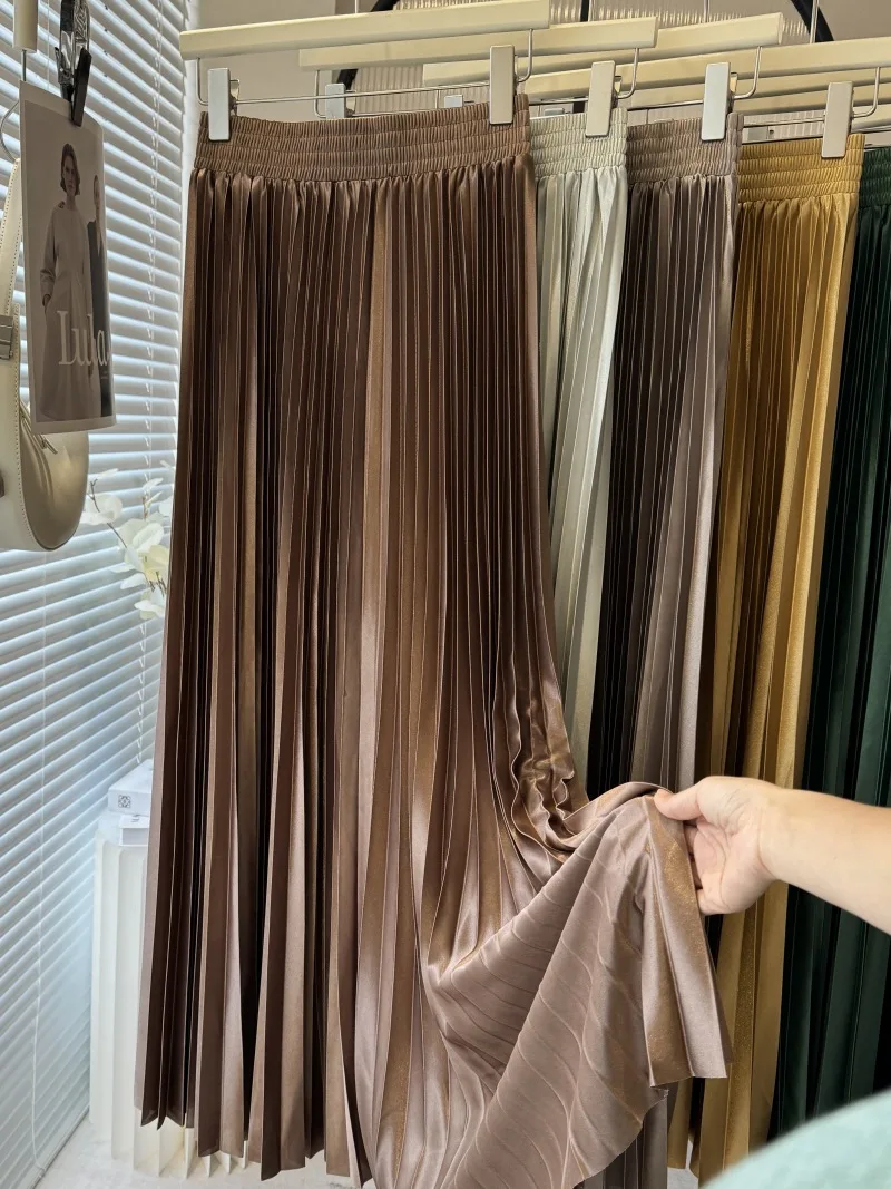 iny Satin-Plissee-A-Linien-Rock für Damen, Frühling und Herbst, schlankmachendes langes F-Länge-Kleid, Dra Ele Pendeln, Freizeitkleidung