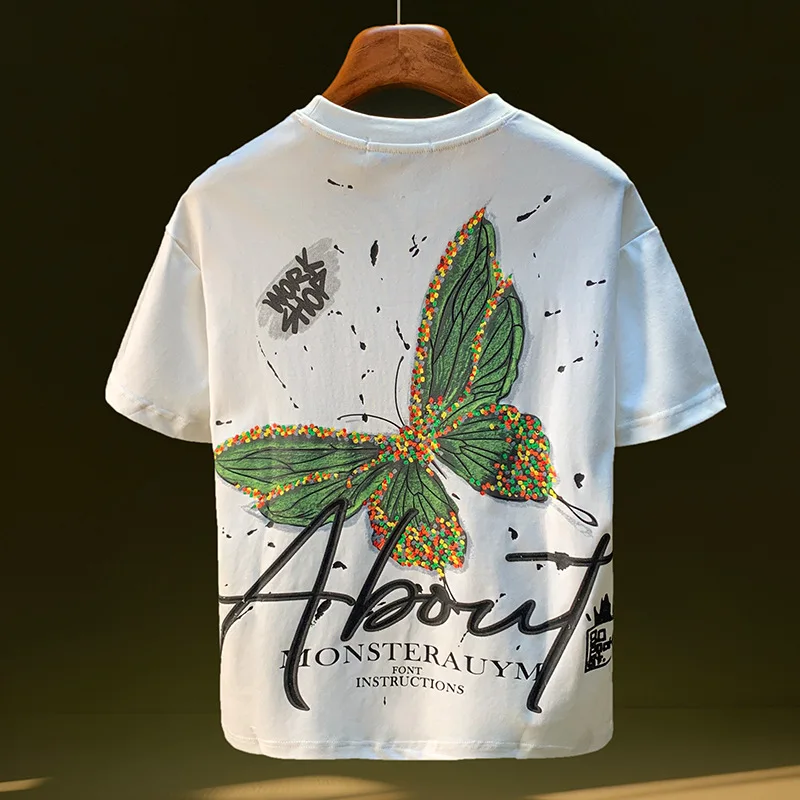 

Colorful short sleeved T-shirt for men's summer fashion trend, butterfly print high-end light luxury loose elastic men's top