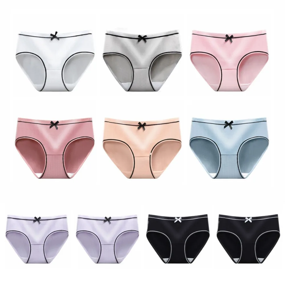 

10PCS Bowknot Solid Color Panties Oversized Stripe Underwear Women Female Lingeries Breathable Low Waist Briefs Four Seasons