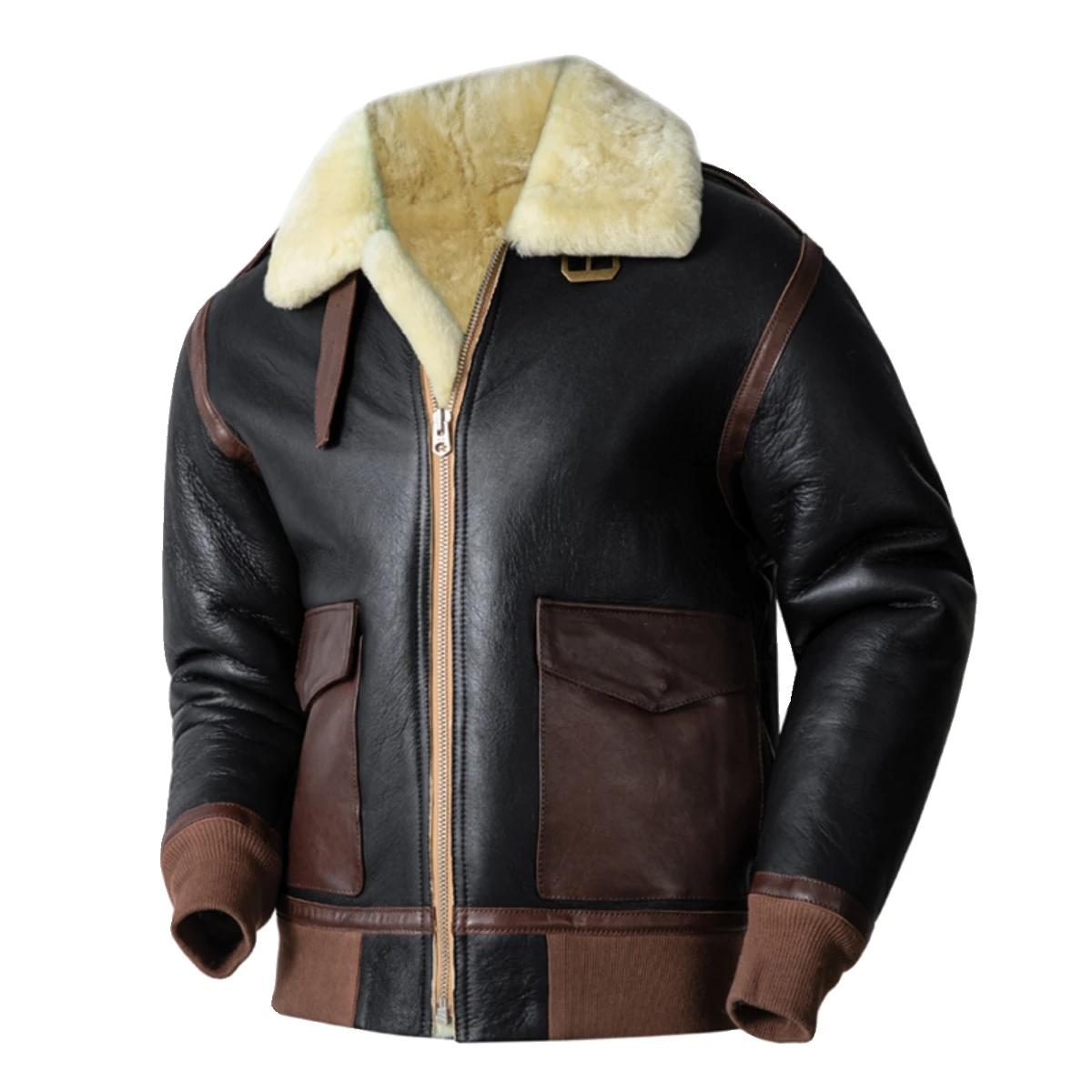 Black Winter Shearling Jacket Men Military Style Plus Size 3XL Natural Thick Sheepskin Warm A2 Pilot Genuine Leather Coat