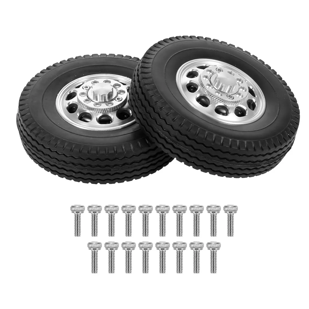 Front Rubber Low Loader Wheels Tire Tyre with CNC Aluminum Rims for Tamiya 1/14 RC Tractor Trailer Truck