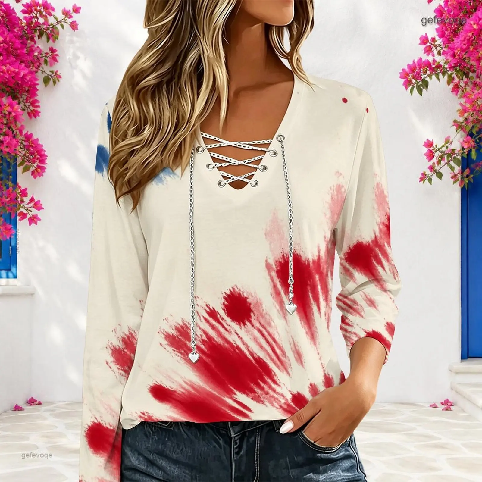 Women Navy Blue Starry Glitter Spot Printed V Neck Long Sleeve Top with Chain Lace Up Detail - view 4