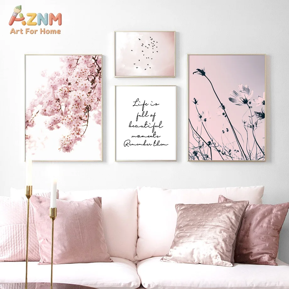 AZNM Soft Pink Cherry Blossom Wildflower Canvas Wall Art Print, Inspirational Quote Bird Silhouette Minimalist Pastel Girls Bedr
