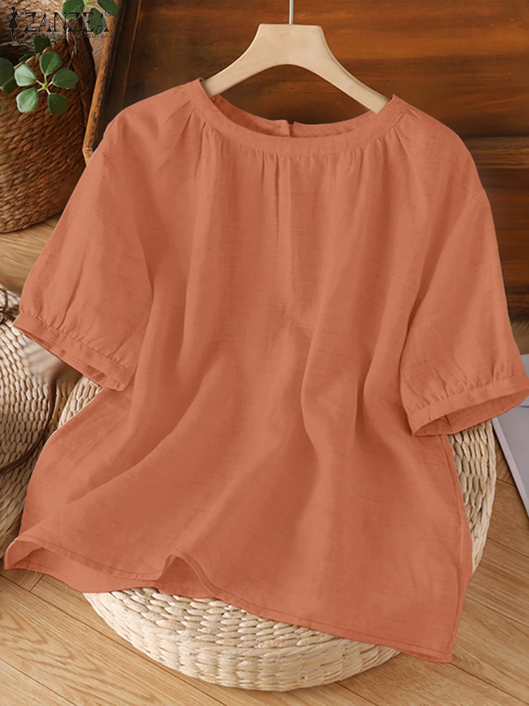 2025 ZANZEA Camicette estive Donna Elegante camicia da lavoro solida Casual Manica corta O Collo Blusas Mujer Ufficio femminile OL Top Oversize