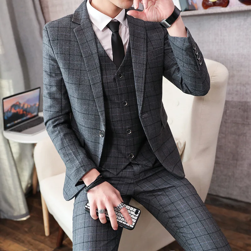 

2023 Casual Suit Men's Fashion Korean Version Slim-fit Plaid Suit Three-piece Wedding Dress Men Suit Set Wedding Suits for Men