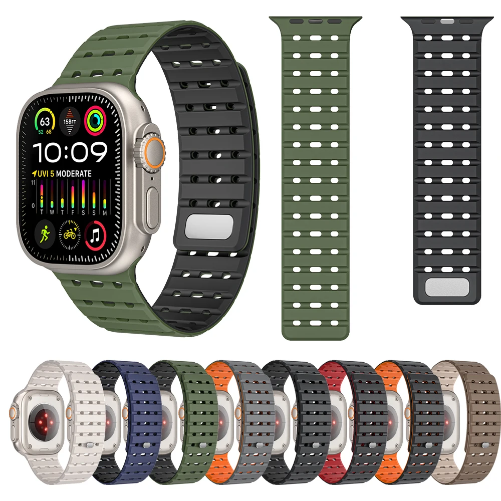 Apple Watch用の通気性シリコンウォッチバンド,磁気バンド,交換用ストラップ,スポーツブレスレット,ウルトラ2, 49mm,se,45mm, 44mm, 42mm