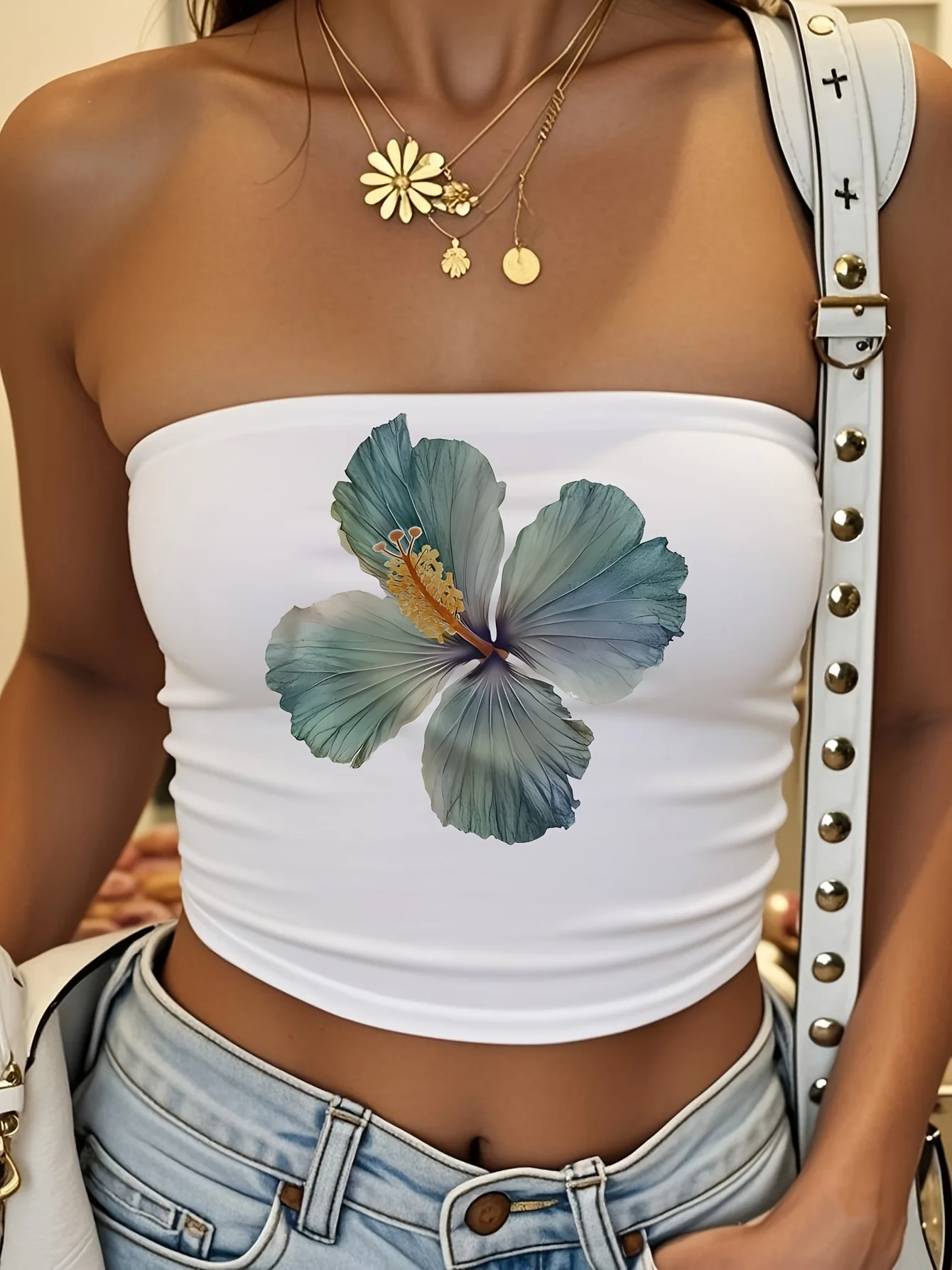 Vintage Floral Print Design Women's Casual Simple Tight Short Tube Top Strapless Top Y2k Gothic Crop Top Streetwear Summer