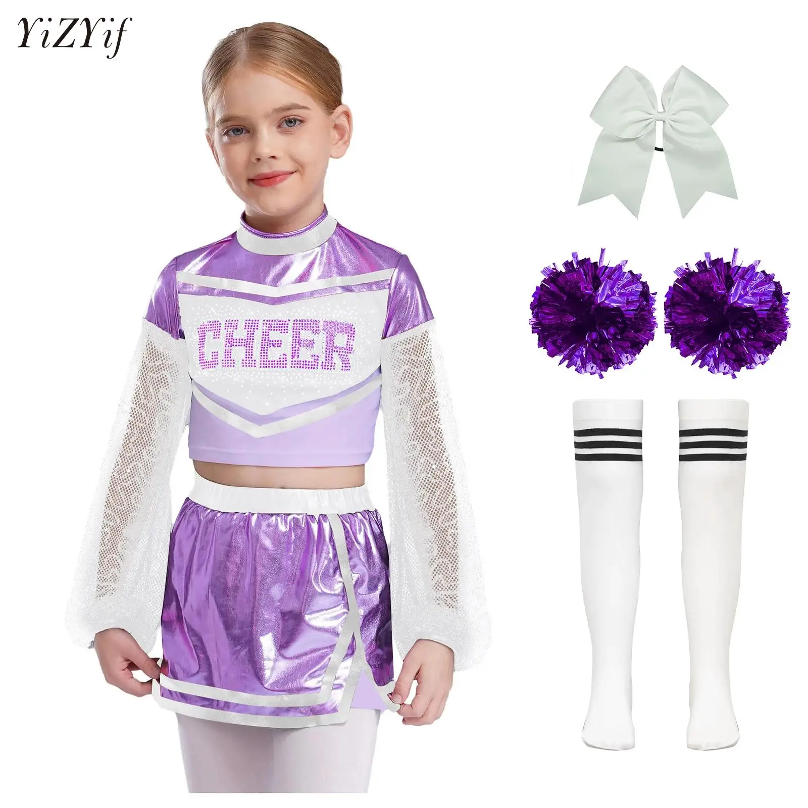 

Kids Cheerleading Uniform Cheerlead Outfit Long Sleeve Shiny Crop Top Skirt with Socks Flower Child School Girls Dancewear Sets