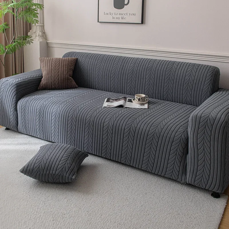 Solid All-Inclusive Polar Fleece Sofa Cover Wheat Ear Jacquard Couch Slipcover Anti Slip Armchair Protector with Elastic Band