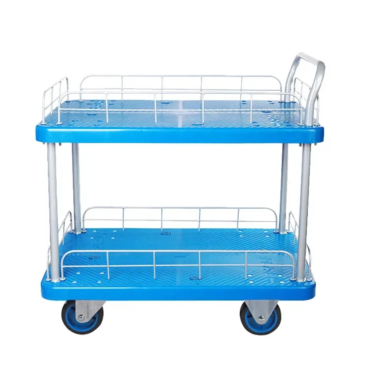 Uni-Silent Luggage Carts 300kg Hand Truck Logistic Double Layer Plastic Platform Trolley Warehouse Tool US300P-T2-HL2