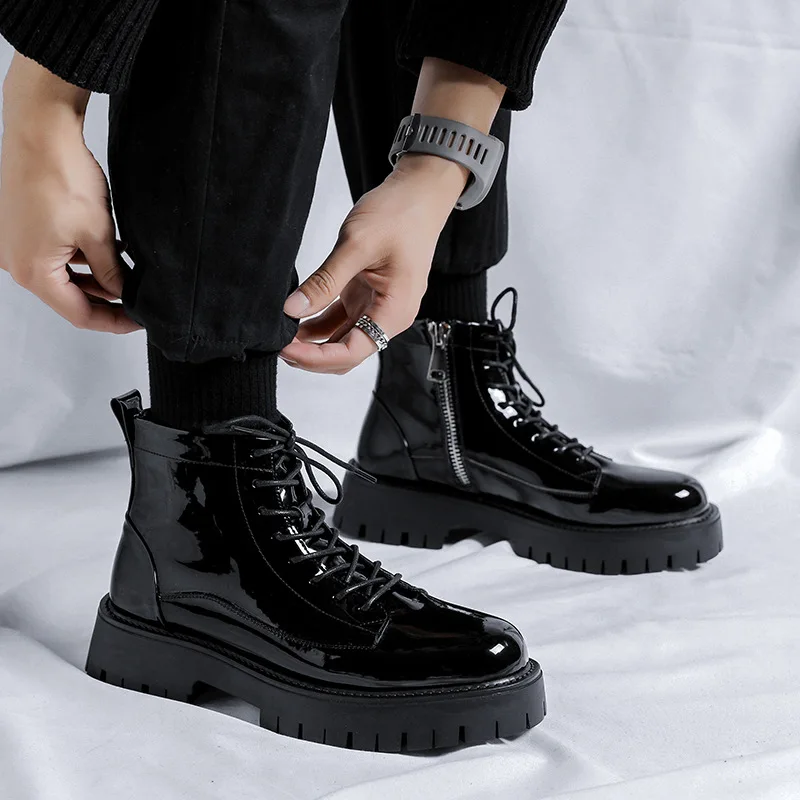 big size men fashion party nightclub patent leather boots black trendy platform shoes cowboy spring autumn boot ankle botas mans