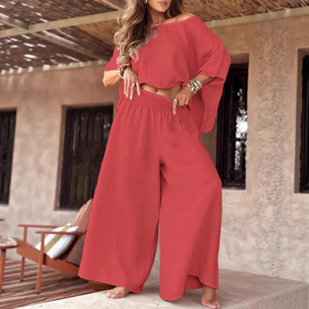 2025 cor sólida casual solto em torno do pescoço fora do ombro verão terno feminino festival outfit