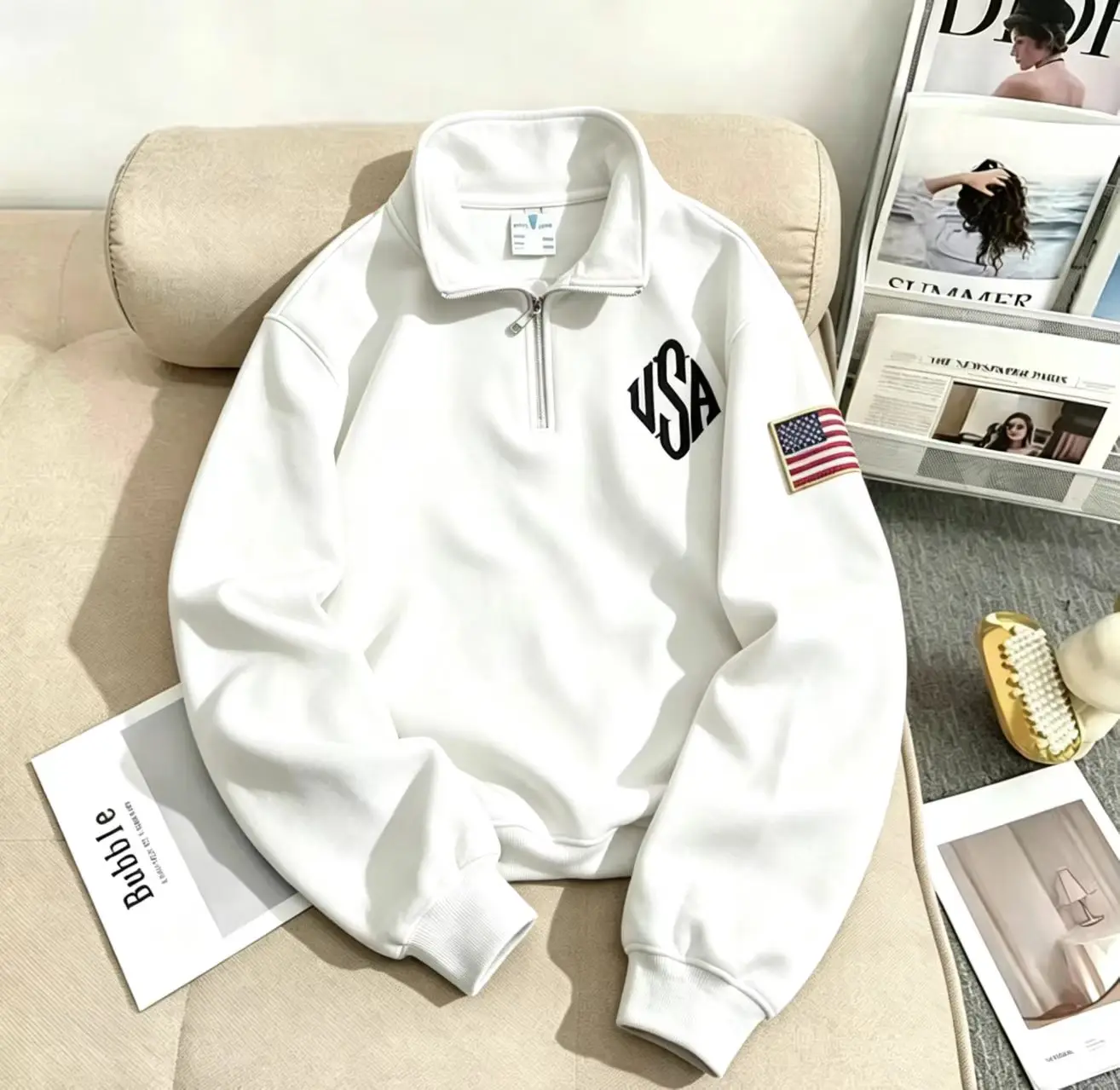 2026 American Flag Embroider Hoodies Quarter Zip Sweatshirts Men Navy Blue White Pullover Patch Sleeve Streetwear Casual Sweater