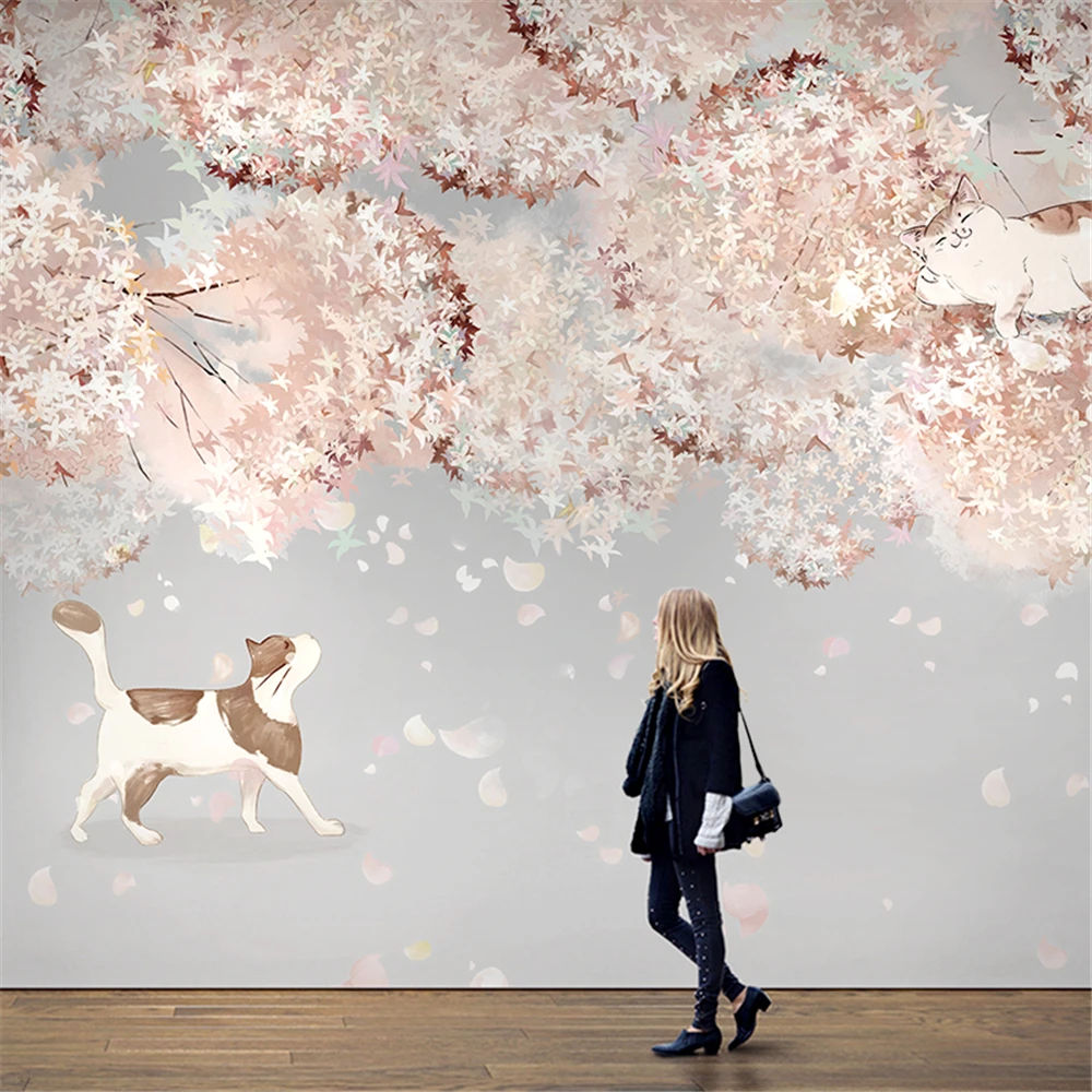

custom pink cartoon cat Photo Mural Wallpaper For Kids Room Mural Bedroom 3D Wallpaper living room Pink Cat Painting home decor