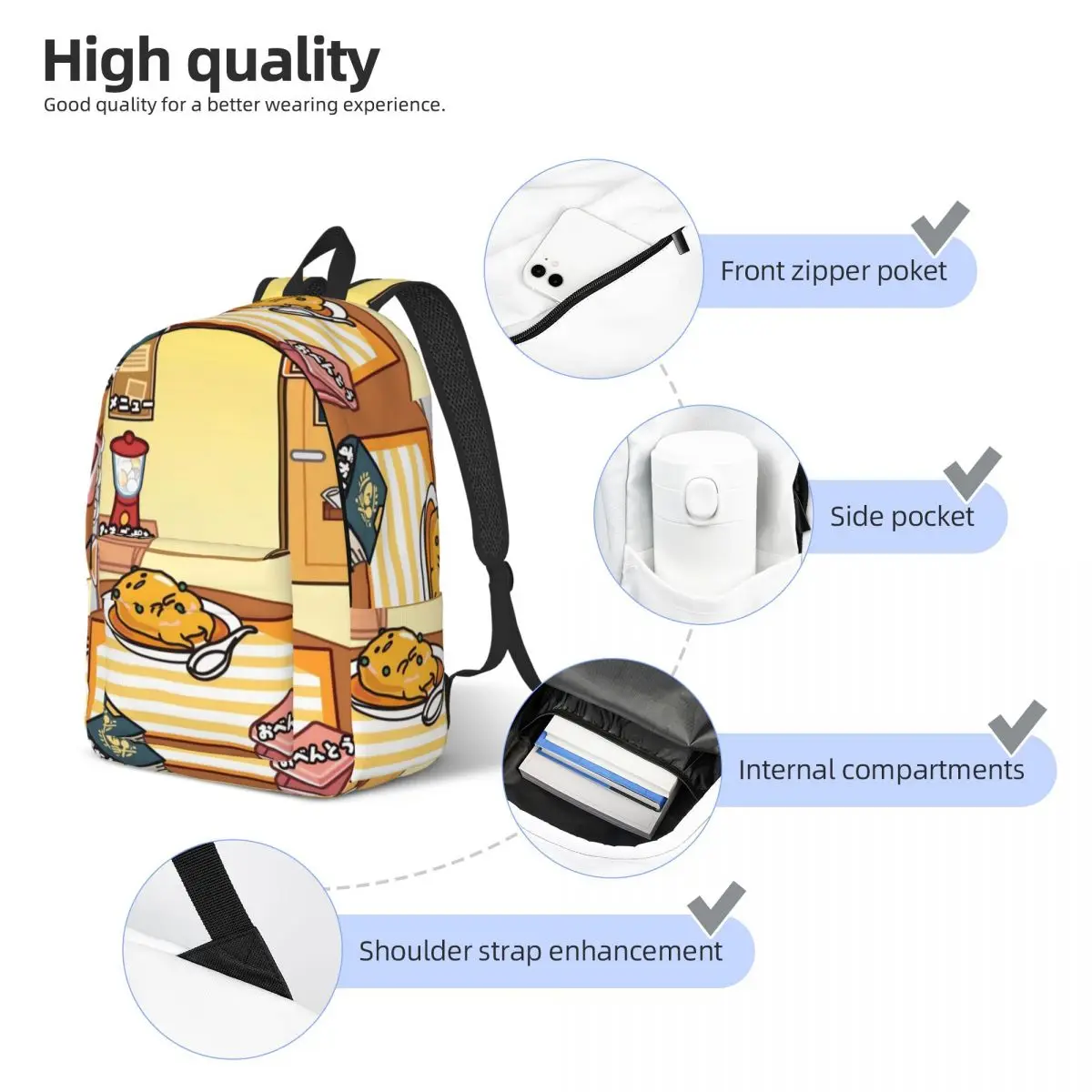 Gudetama Mochila con dibujos de huevos bonitos, mochila para estudiantes de escuela secundaria, mochila de viaje para hombres y mujeres