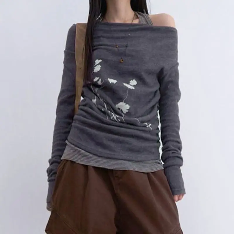 ヨーロッパとアメリカのプリントワンショルダーTシャツレディース長袖アシンメトリーオフショルダーセクシーなトップストレンディ