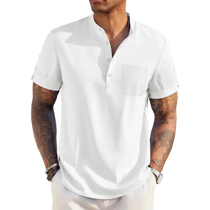 Summer Men's Cotton Linen T-Shirt Henley Neck Pocket Casual Lightweight Breathable Beach Shirt Solid Color Basic Style Tops image 5