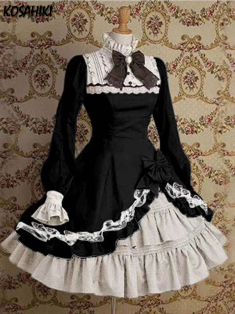 

KOSAHIKI Japanese Style Women Gothic Cosplay Dresses High Waist Contrast-Color Ruffled Sweet Lolita Dress Kawaii Clothing