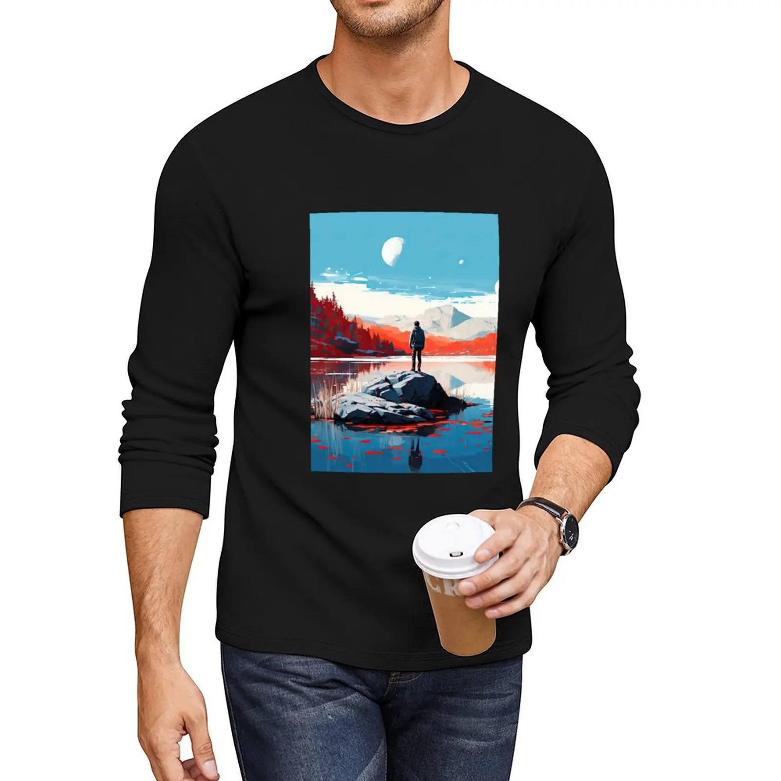 Tranquil Solitude: The Lake Wanderer Long T-Shirt korean fashion custom t shirts design your own Men's t-shirts