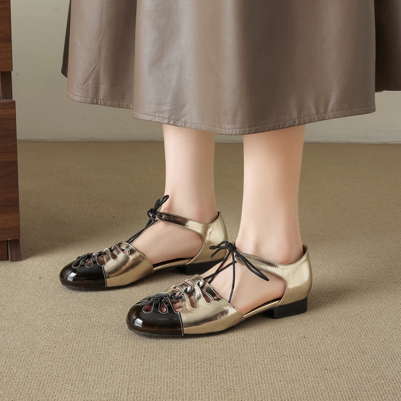 Women's new summer leather cowhide lace up low heel toe opening breathable Roman shoes, small fragrant fashion sandals