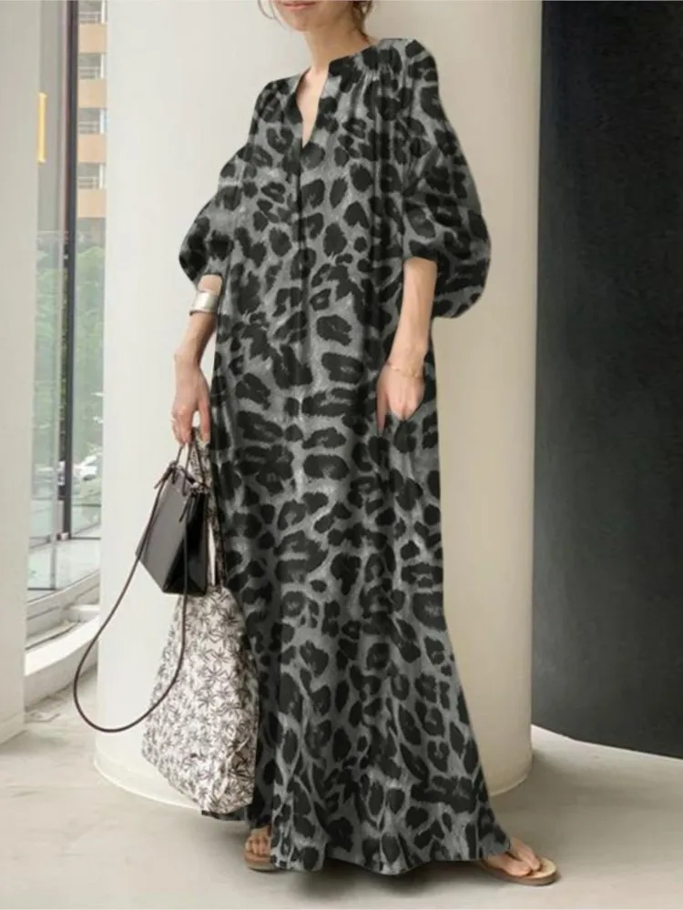 

Leopard Print Long Dresses Women Fashion Temperament V-neck Long Sleeves Loose Dress Trendy Bohemian Style Spring Lady Clothing