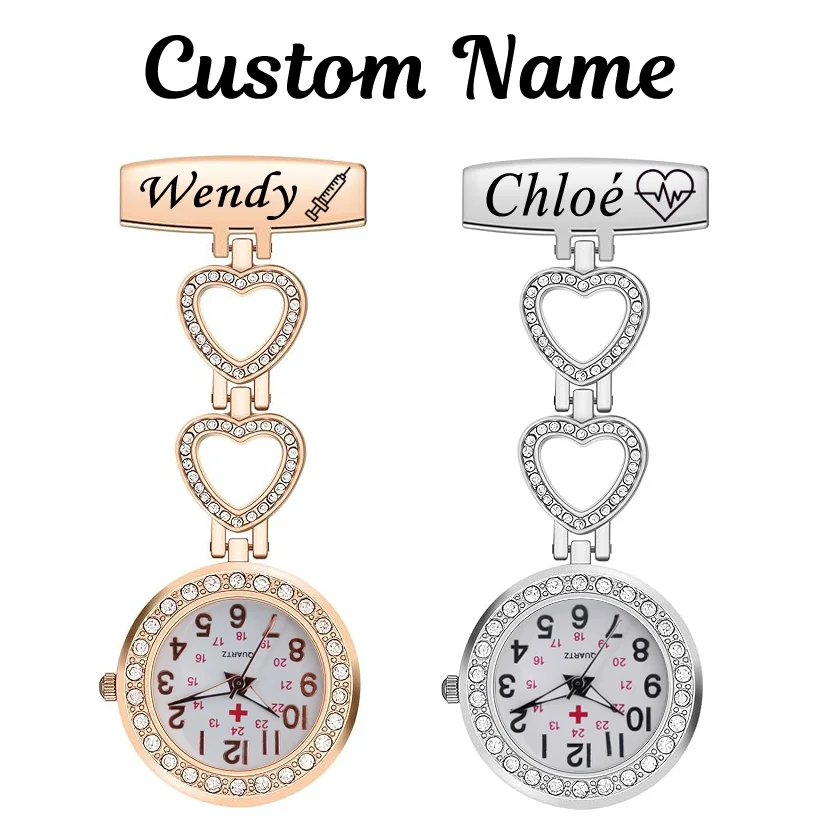 Personalized Customized Engraved With Your Name Doctor Clock Pin Brooch Zircon Crystal Strass Healthcare Heart Fob Nurse Watch